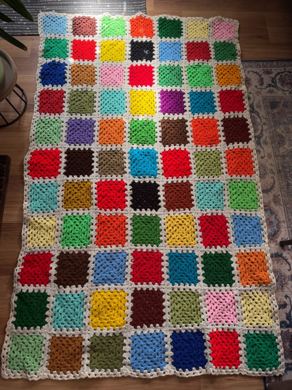 Vintage Handmade Colorful Knit Crochet Granny Square Blanket Afghan Throw 64x40